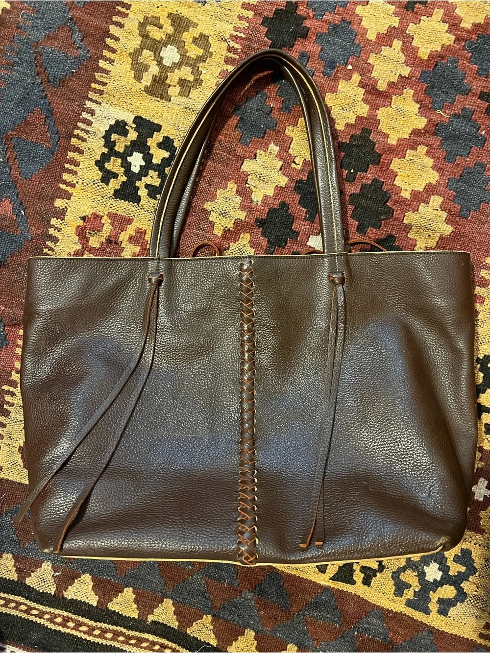 Women's Dark Brown Leather Tote Bag with Braided Center Detail